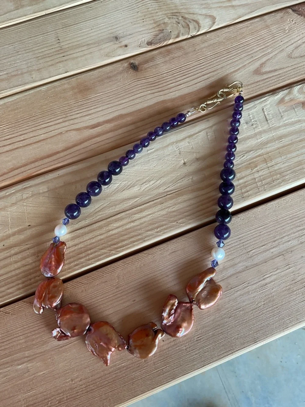 Handcrafted amethyst and Copper Pearl Statement Necklace. - Picture 3 of 5